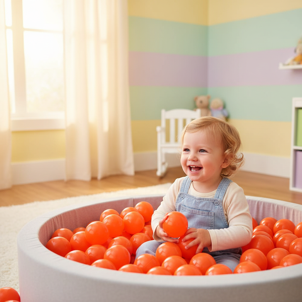 Baby in ballenbak met oranje ballen in babykamer met mooi licht