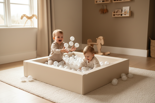 Beige ballenbak met kinderen in prachtige kamer