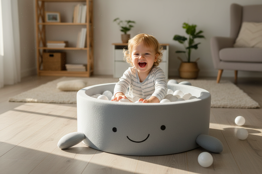 Grijsblauwe smiley ballenbak – kind leunt over de rand