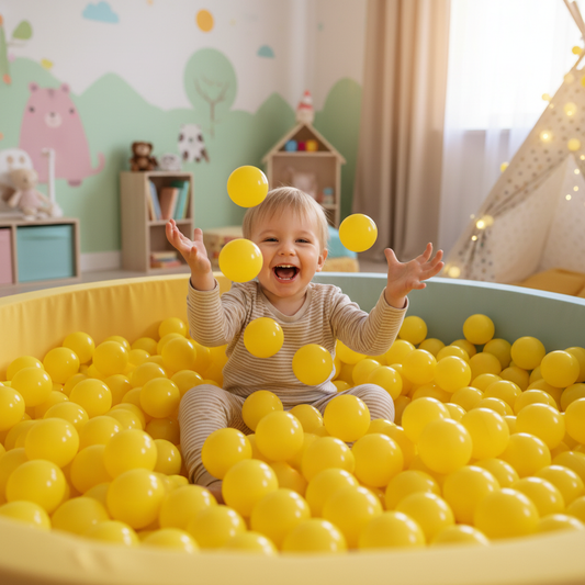 Kind in ballenbak met gele ballen in kinderkamer
