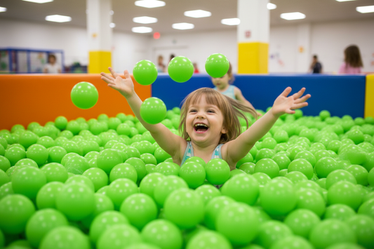 Kind in ballenbak met limoengroene ballen