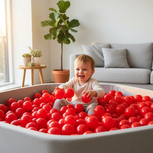 Kind in ballenbak met rode ballen in Scandinavische woonkamer