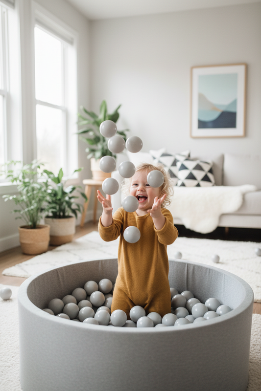 Kind in woonkamer ballenbak met lichtgrijze ballen – Instagram Reel formaat