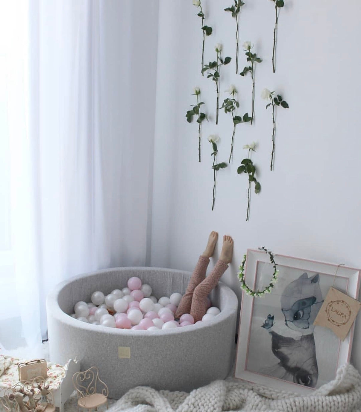 MeowBaby Ronde Fluwelen ballenbak Lichtgrijs