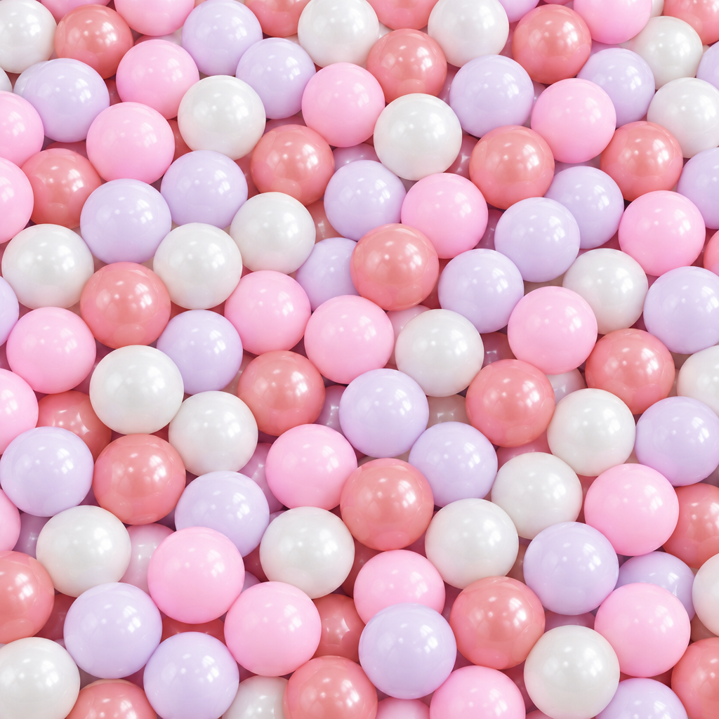 Ballenbak met de mix waarbij de paarse ballen de exacte lichte pastel-lavendeltint uit de kleurfoto hebben