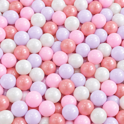 Ballenbak met de mix waarbij de paarse ballen de exacte lichte pastel-lavendeltint uit de kleurfoto hebben