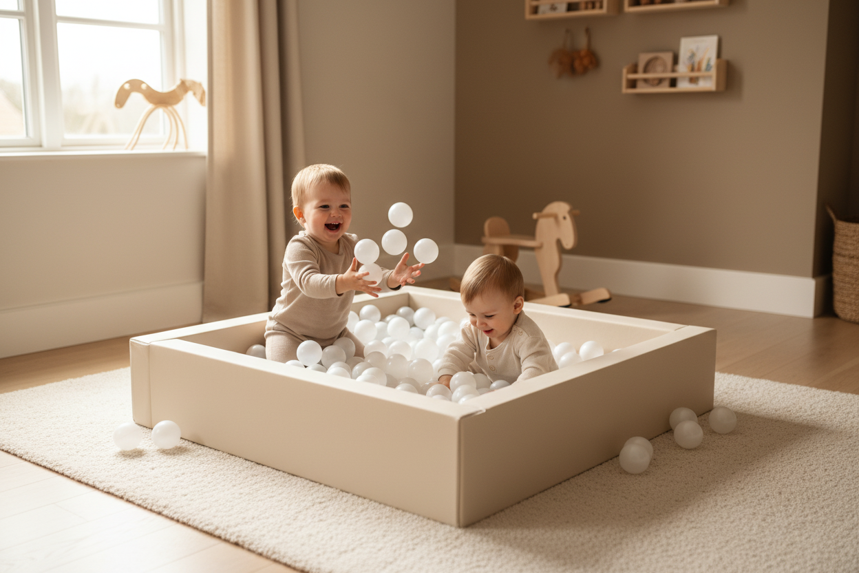 Beige ballenbak met kinderen in prachtige kamer
