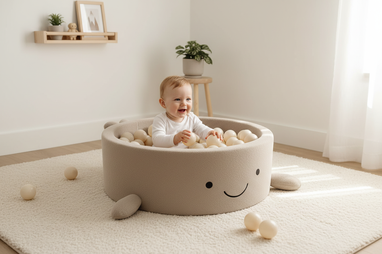 Beige smiley ballenbak – baby in babykamer
