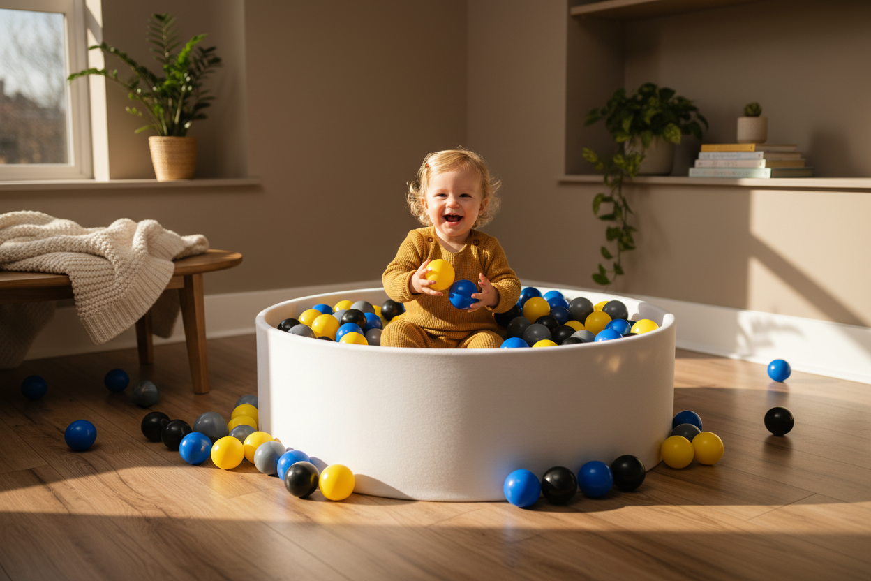 Blauw geel zwart grijs mix ballenbak andere kamer