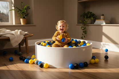 Blauw geel zwart grijs mix ballenbak andere kamer