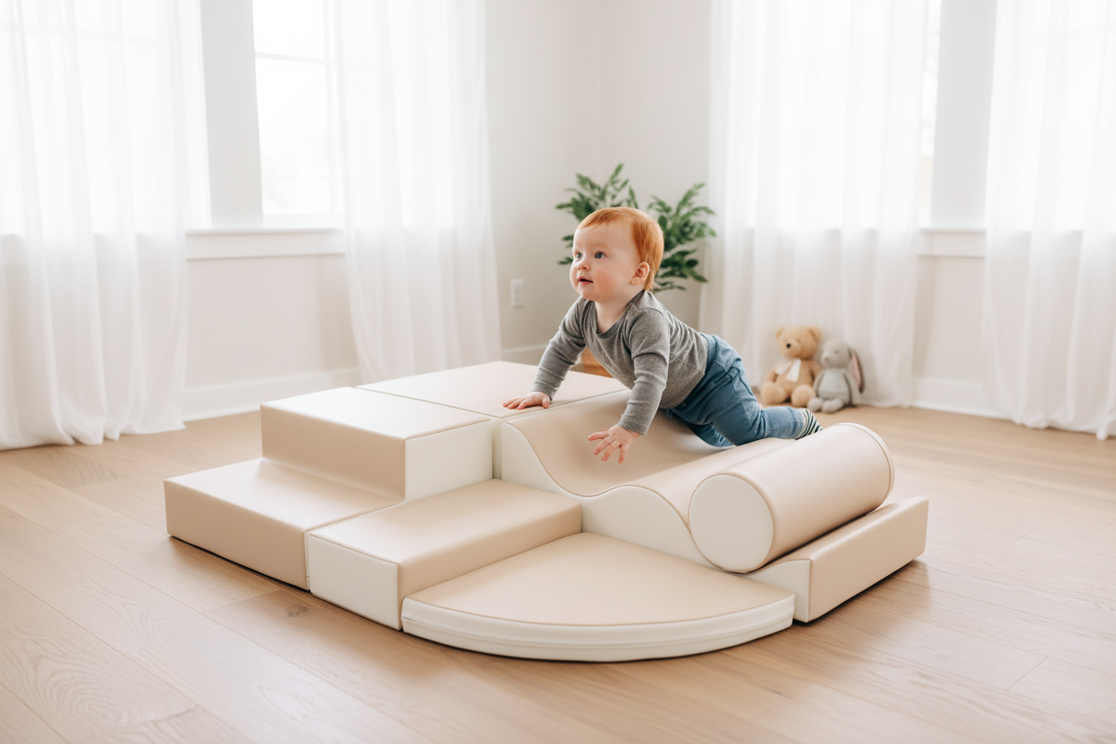 Crème foam set met baby in Scandinavische kinderkamer
