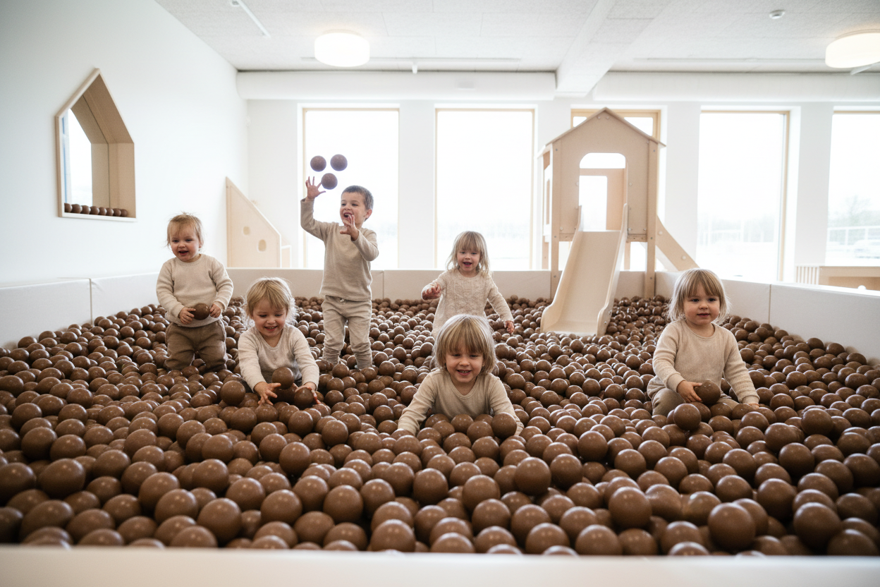 Europese kinderen in ballenbak met bruine ballen