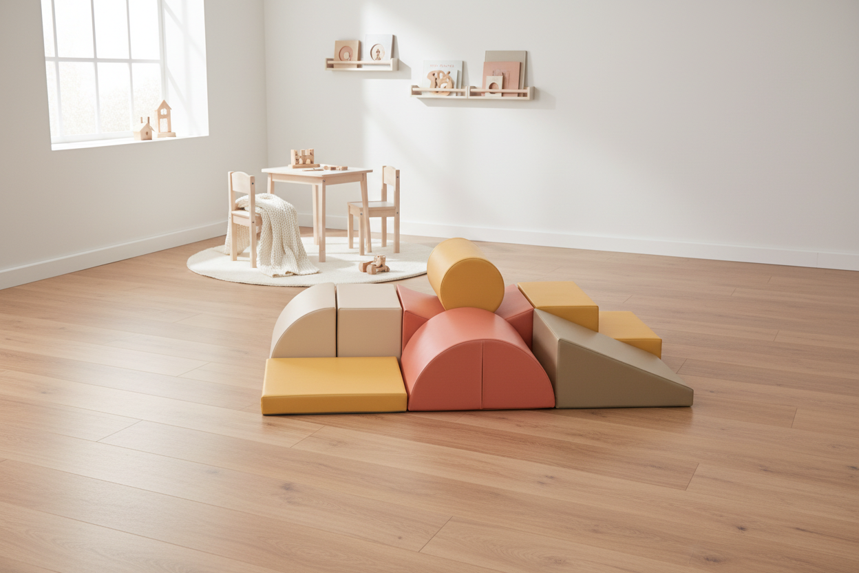 Exacte roze/gele blokkenset in prachtige kinderkamer