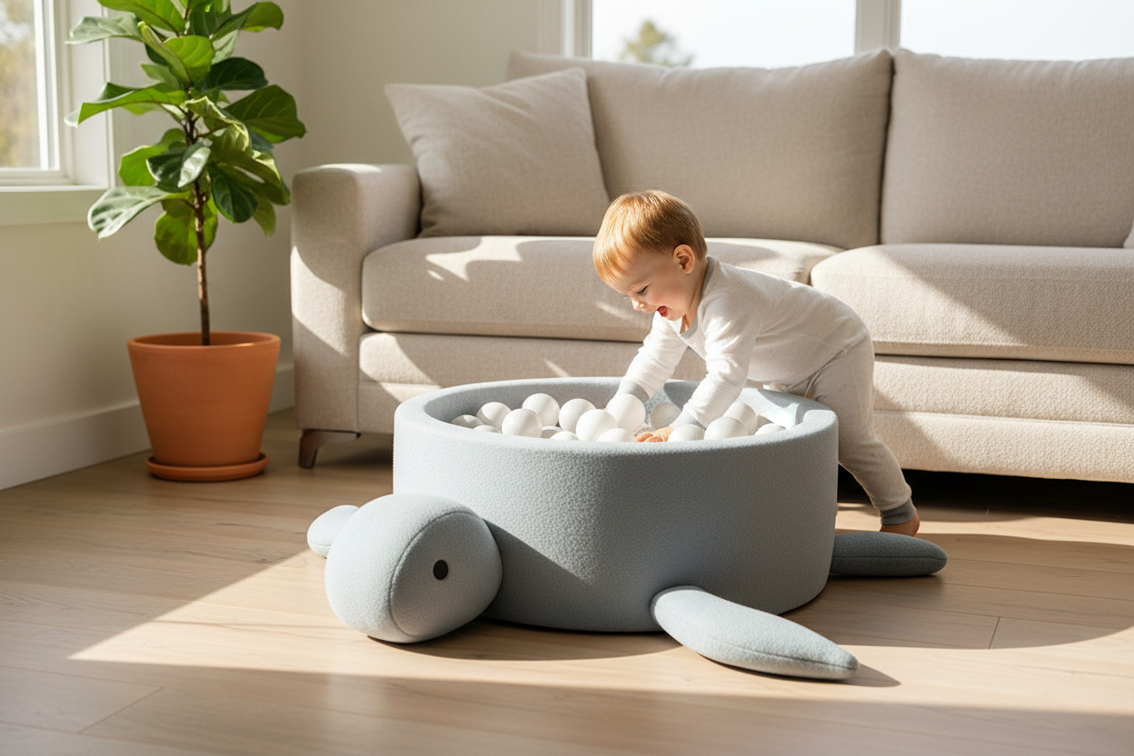 Grijsblauwe schildpad – woonkamer met kind