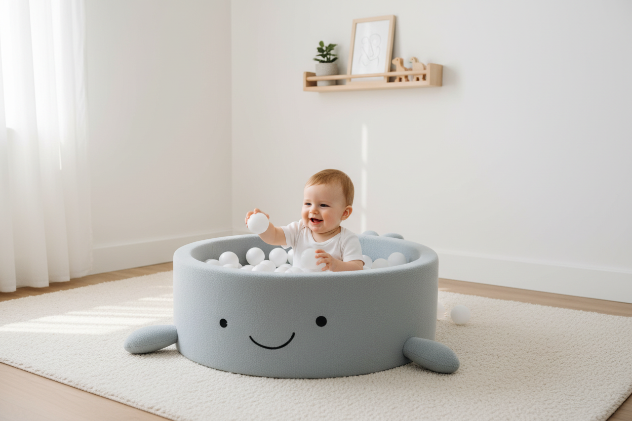 Grijsblauwe smiley ballenbak – baby in babykamer