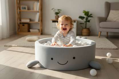 Grijsblauwe smiley ballenbak – kind leunt over de rand