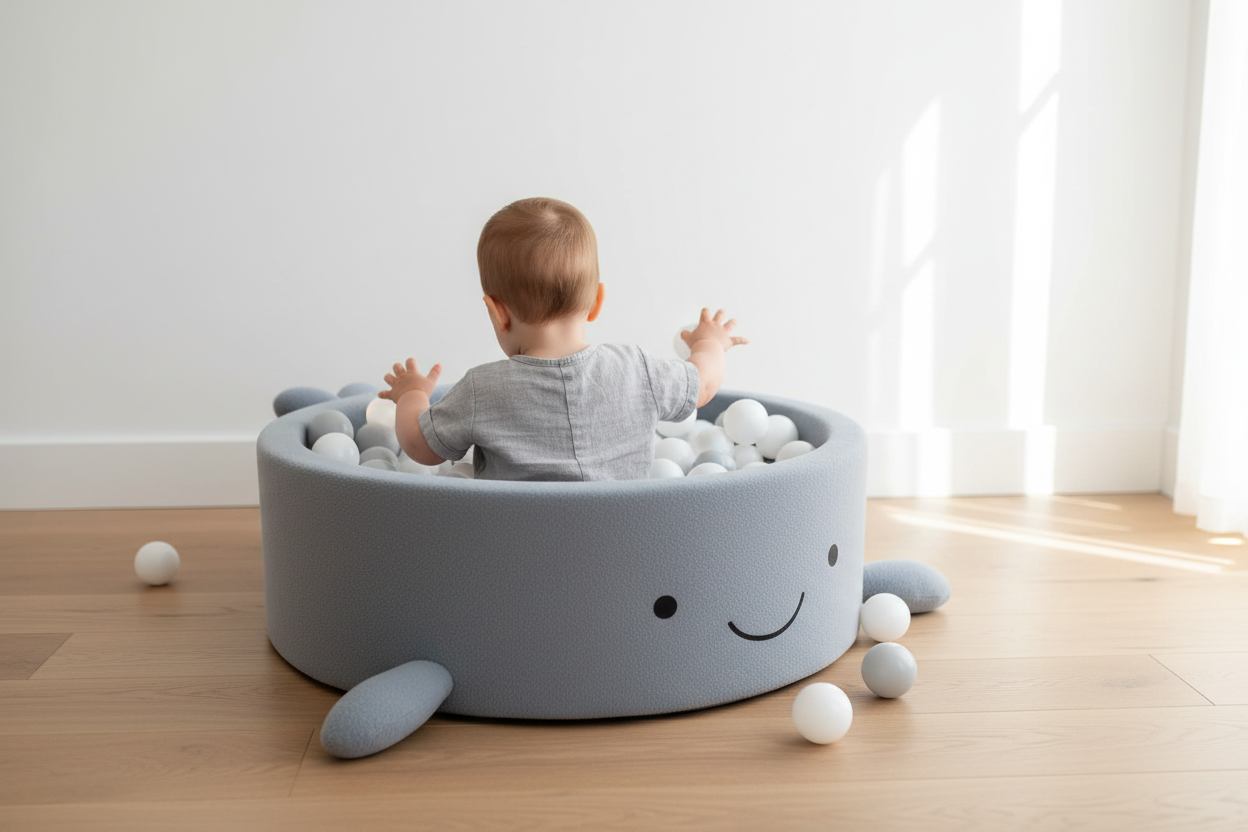 Grijsblauwe smiley ballenbak – kind van achteren