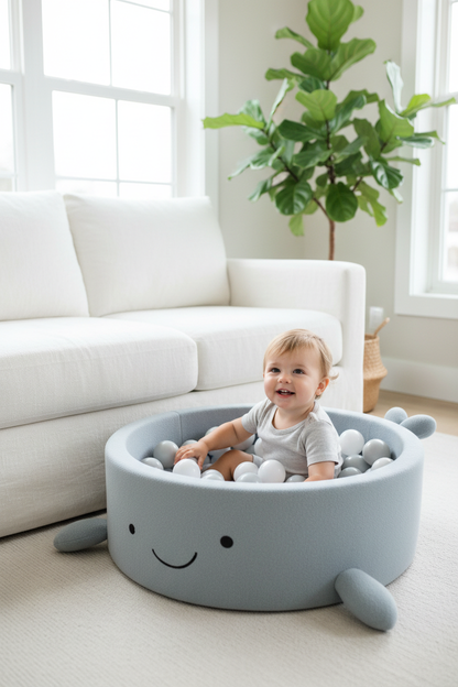 Grijsblauwe smiley ballenbak – kind zit erin woonkamer