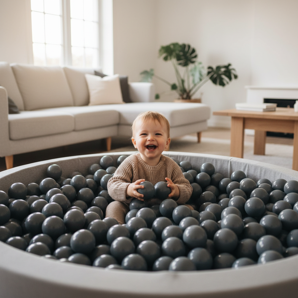 Kind in ballenbak met grijze ballen in stijlvolle woonkamer
