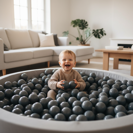 Kind in ballenbak met grijze ballen in stijlvolle woonkamer