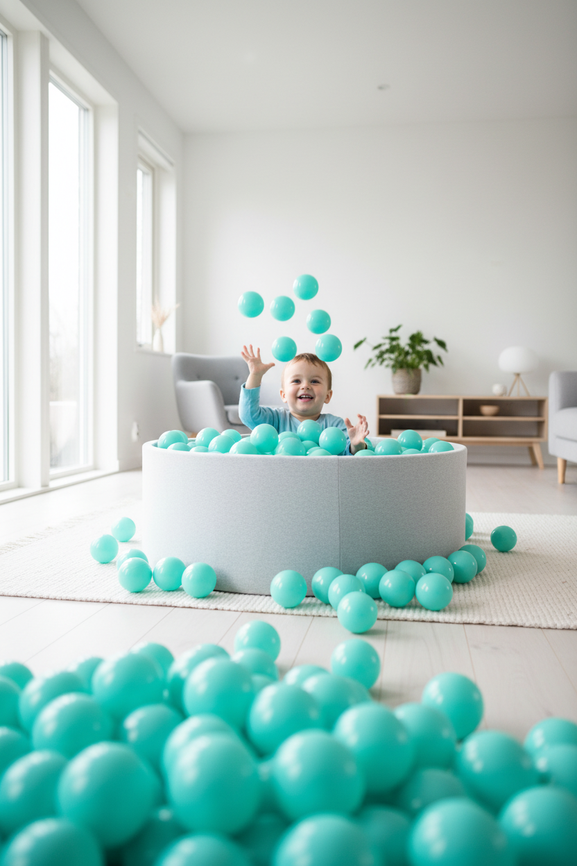 Kind in ballenbak met mint turquoise ballen – Instagram Reel lichte kamer