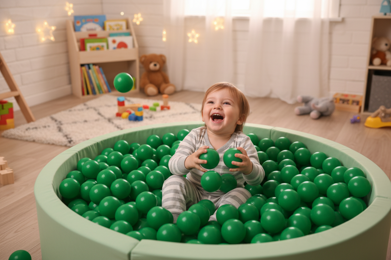 Kind in kinderkamer ballenbak met donkergroene ballen