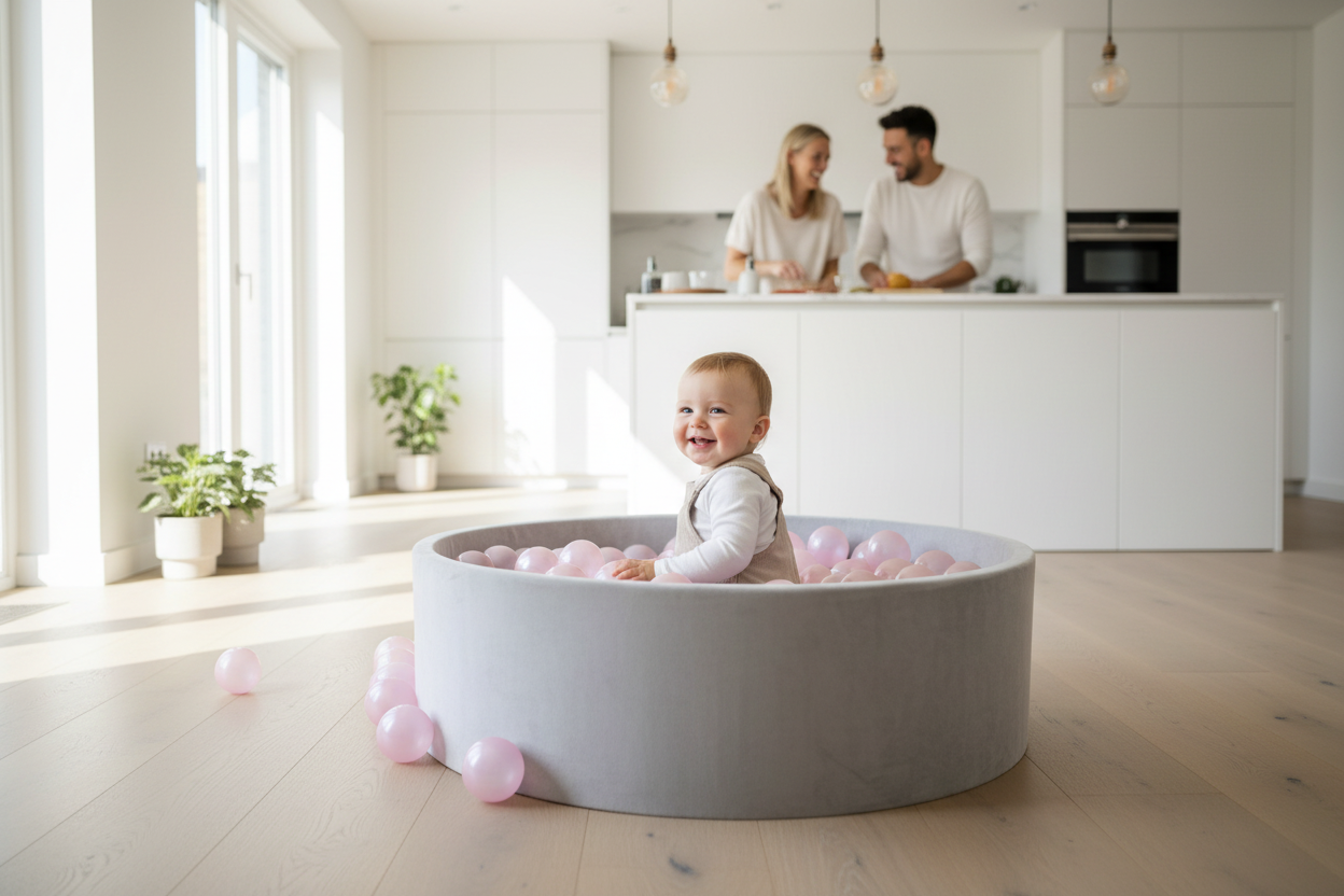Kind kijkt naar ouders - transparant roze ballen