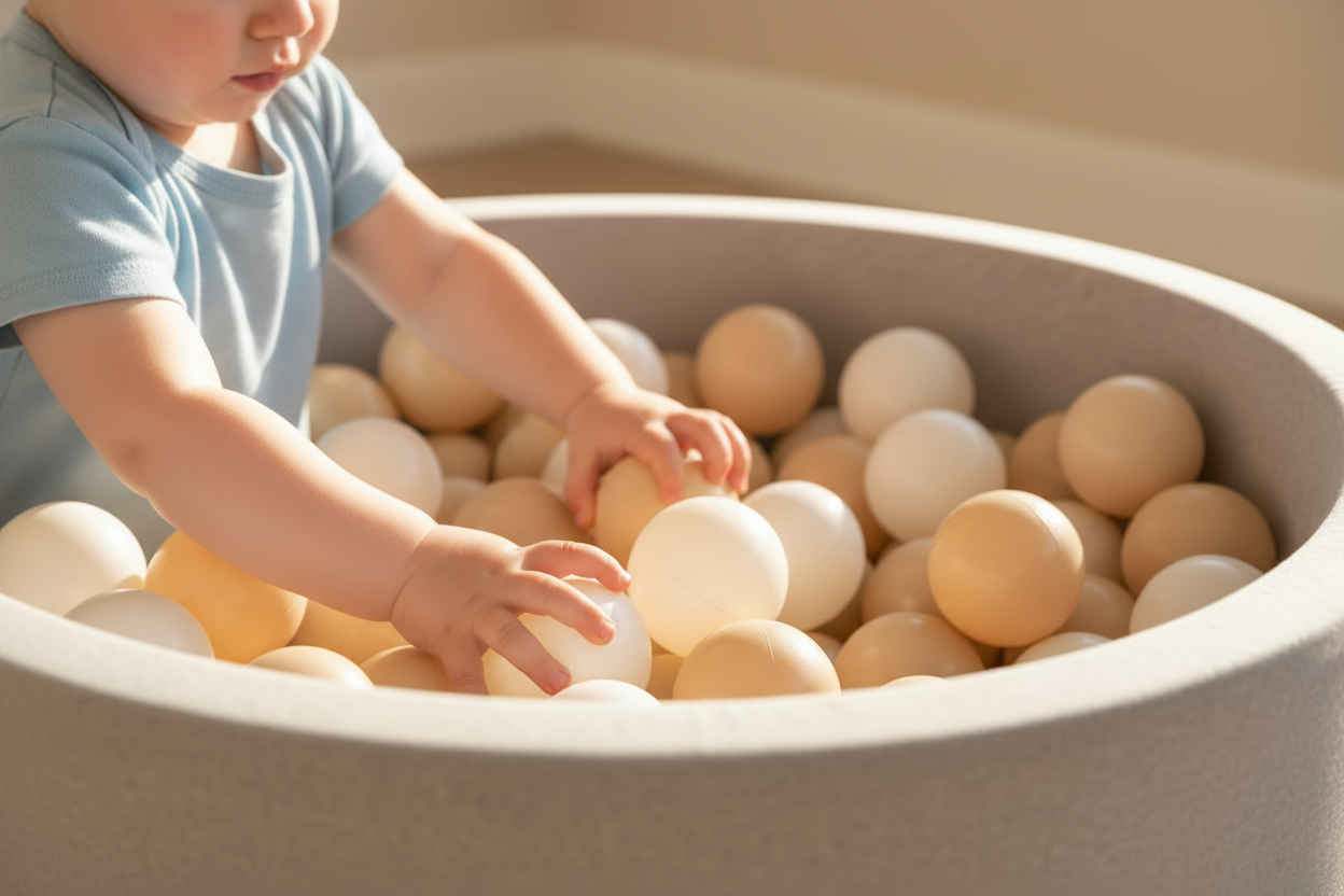 Kinderhanden beige witte ballen ballenbak