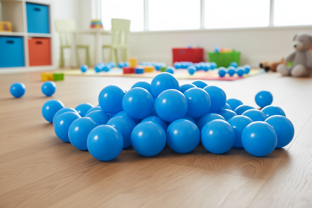 Lichtblauwe ballen – op houten vloer