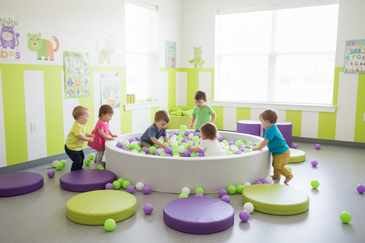 Limoen paars wit mix ballenbak kinderopvang bijpassende details