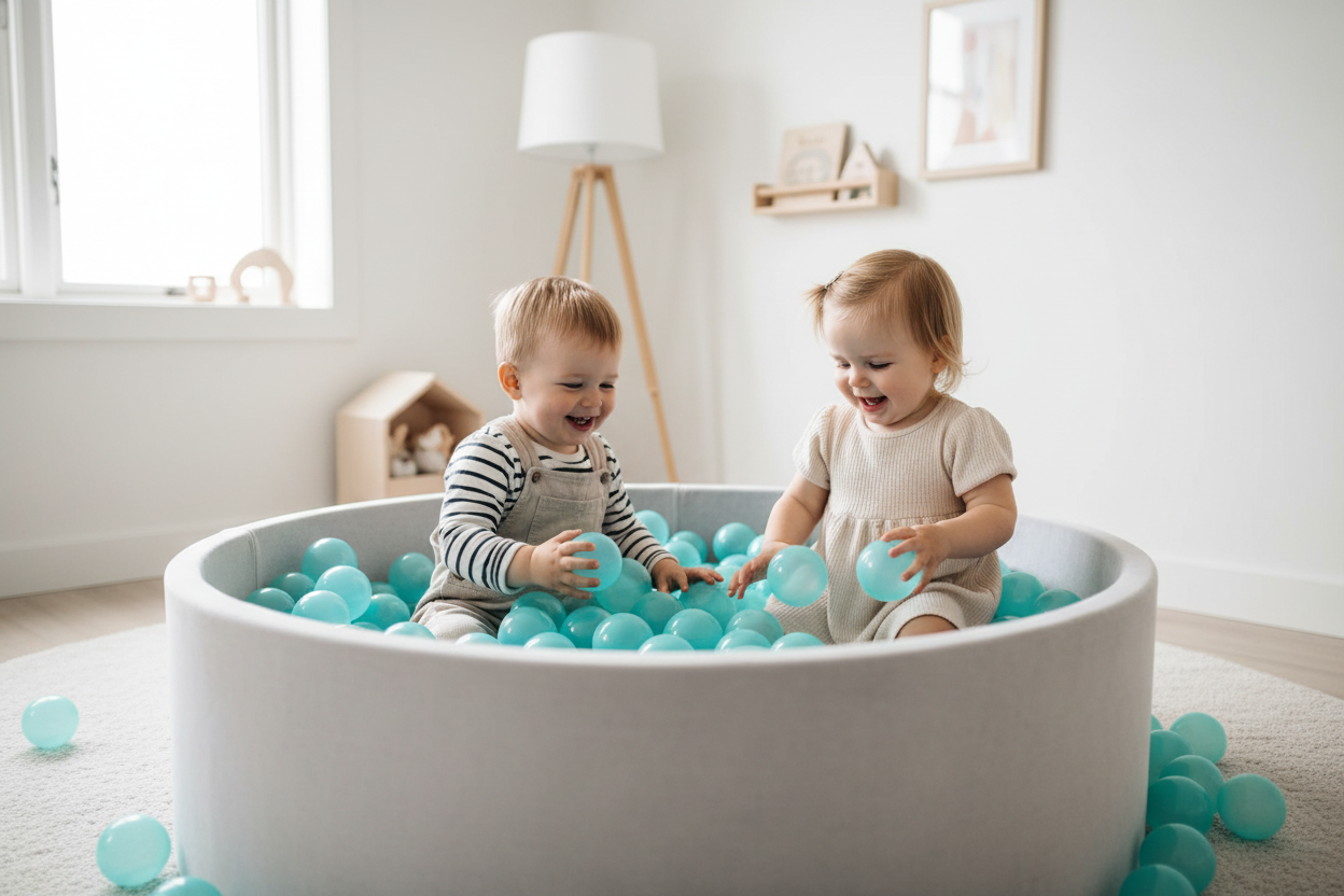 Meerdere kids in turquoise ballenbak kinderkamer