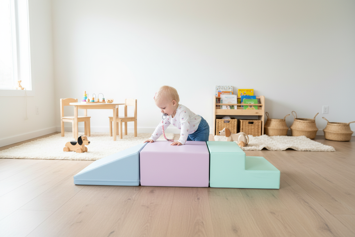 Pastel set met baby in mooie Scandinavische kamer