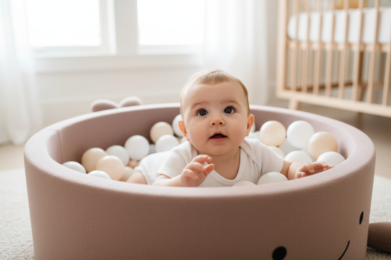 Rose-taupe smiley ballenbak – baby liggend in ballen