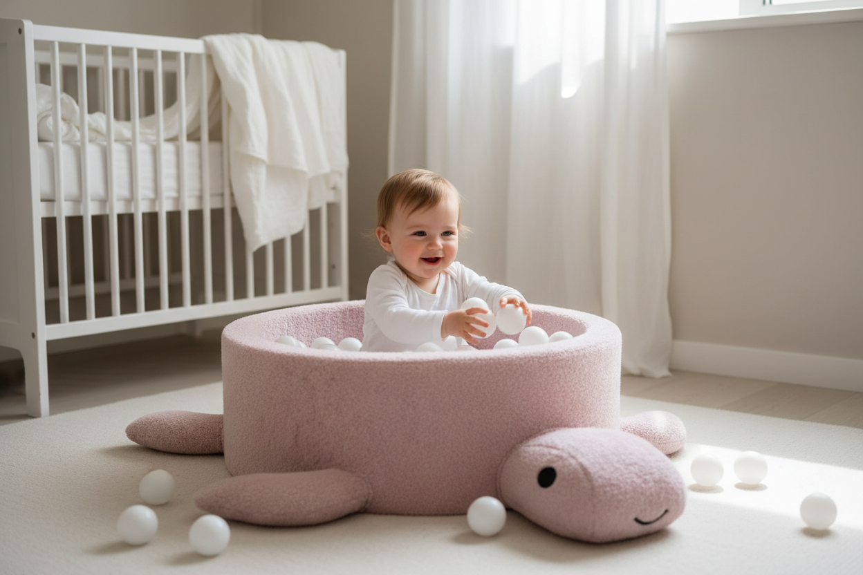 Roze schildpad ballenbak – baby in babykamer