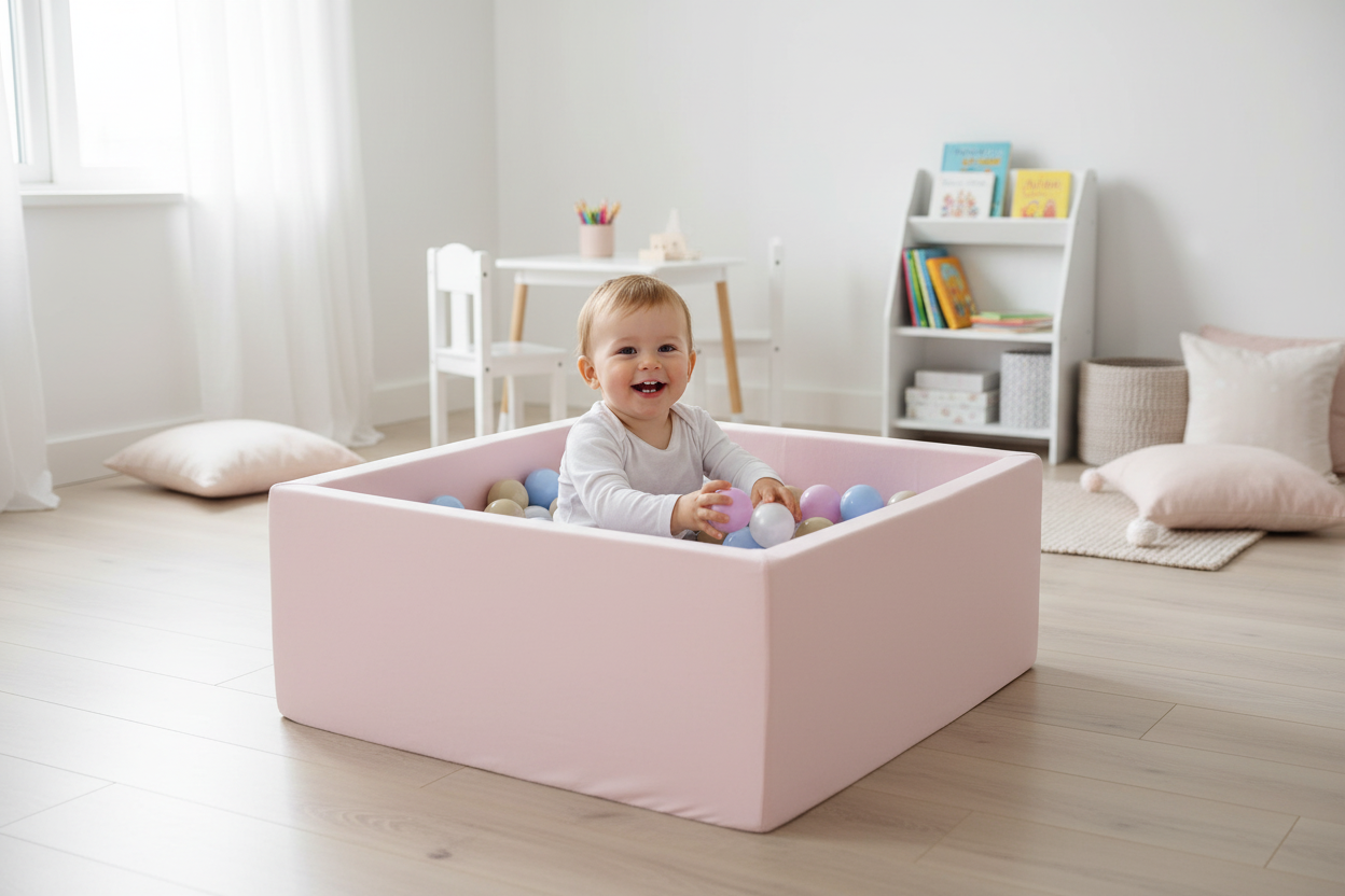 Roze vierkante ballenbak met kind