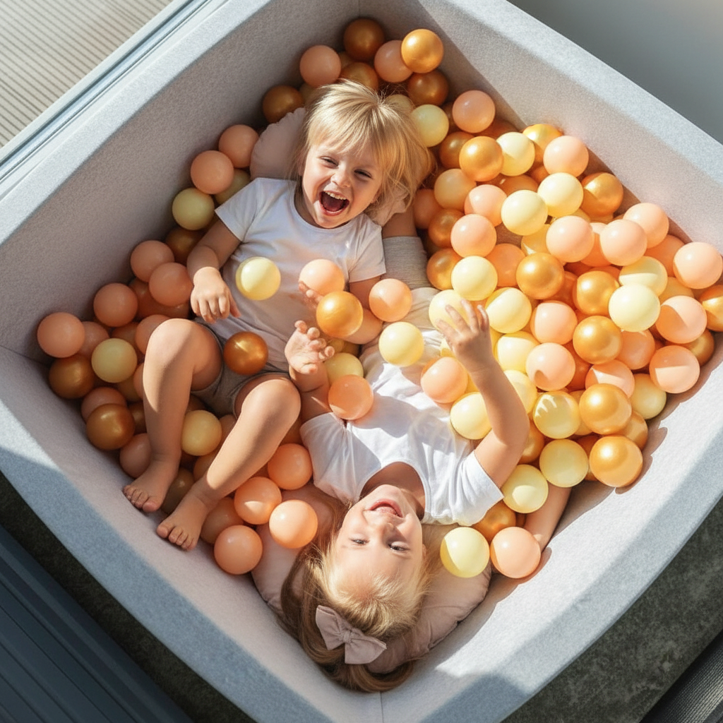 Twee kinderen in ballenbak van boven